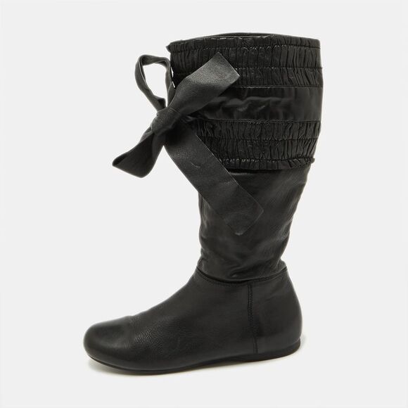 Miu Miu Black Leather Gathered Bow Calf Length Boots Size 37,New Products : American Fashion Style Bags On Sale